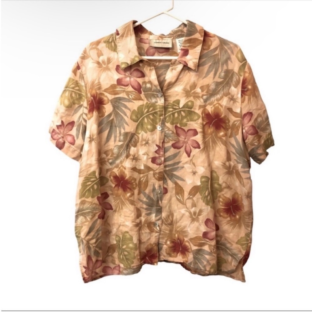 VTG Lemon Grass Tropical Hibiscus Floral Button Up Shirt Linen Cotton Aloha XL